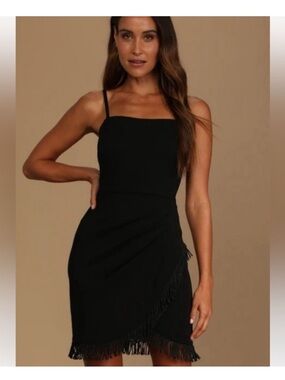 Black Fringe Dress with Spaghetti Strapsi